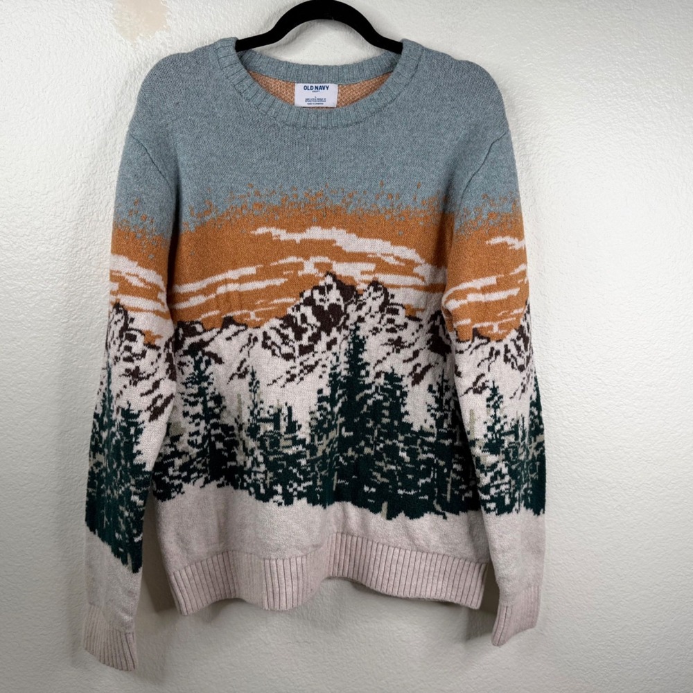 Old Navy Sweater Multicolor Sz L Mountain Graphic Dad Cabin Cozy Crew Neck